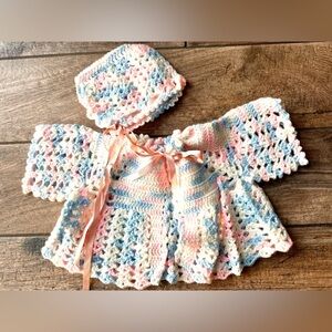 Handmade Crocheted Pink and Blue Baby Sweater and Bonnet est. size 6-9 months